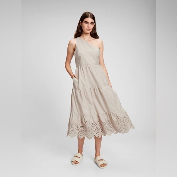 GAP 100% Cotton Beige One-Shoulder Midi Dress Size 4 - Picture 2 of 12